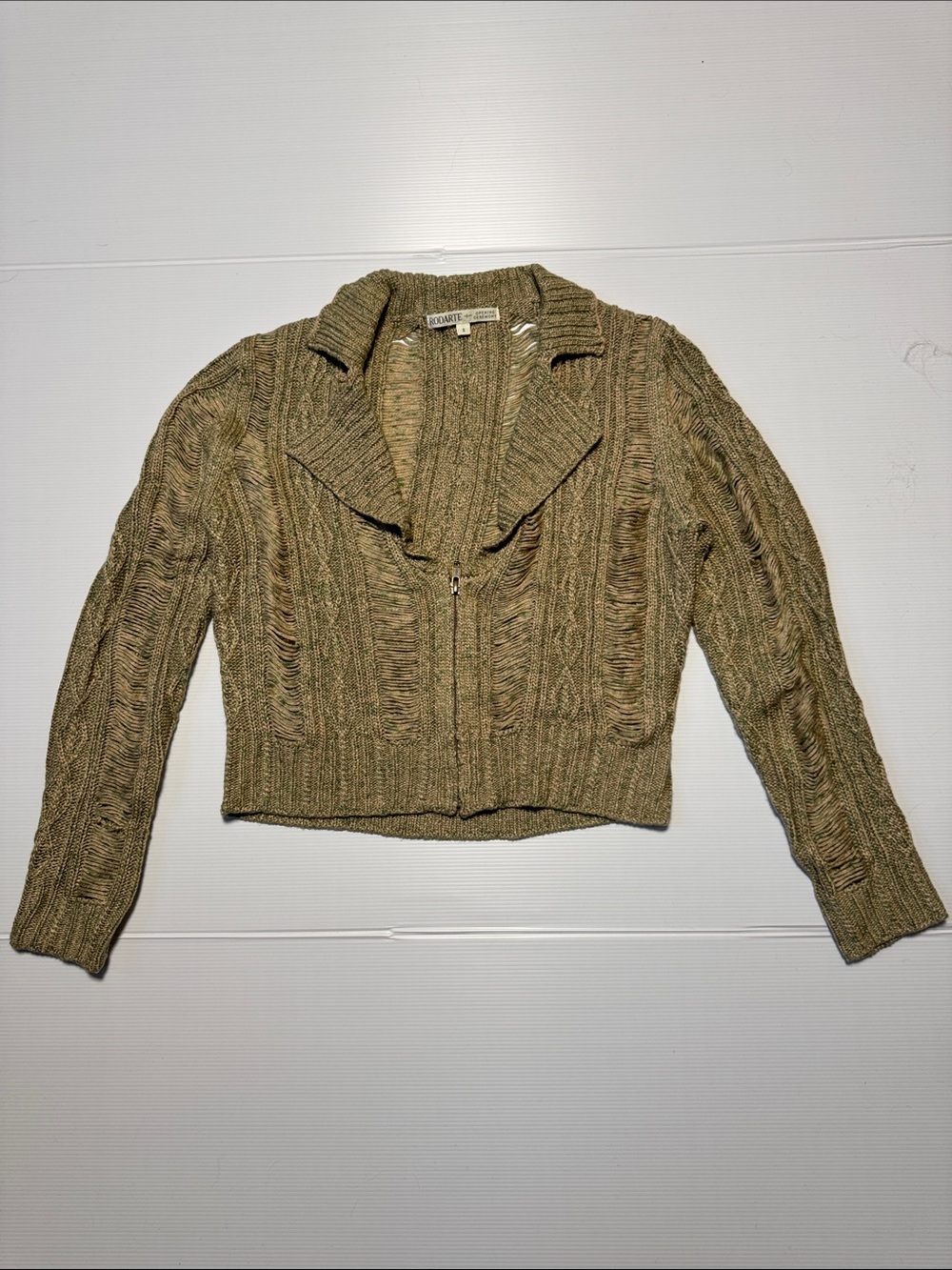 RODARTE + Opening Ceremony Cable-Knit Distressed Cardigan Sweater Jacket Olive S